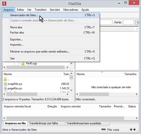 Configurando Filezilla - Tela 1