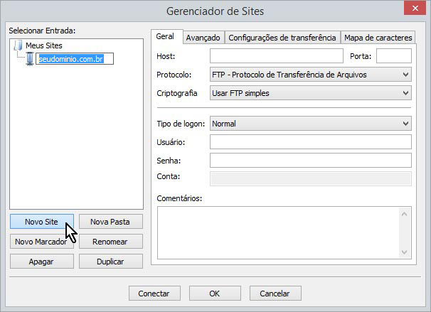 Configurando Filezilla - Tela 2