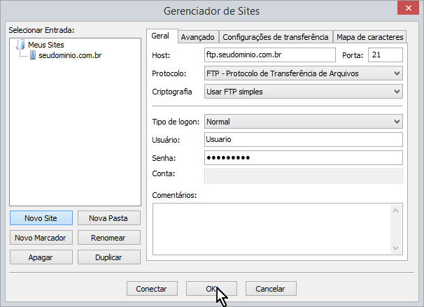 Configurando Filezilla - Tela 3