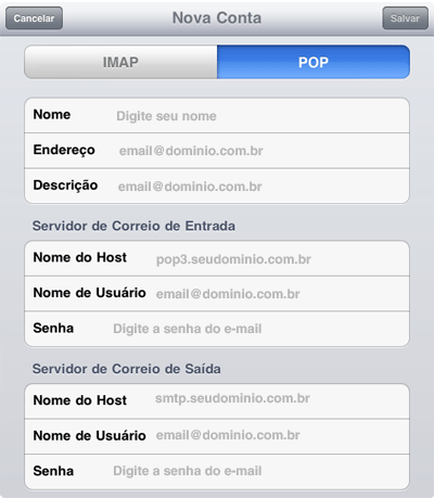 Configurando sua conta de e-mail no iPad via POP3 - Passo 6