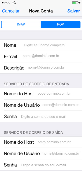 Instruções para configuração do e-mail no iPhone com iOS - Passo 7