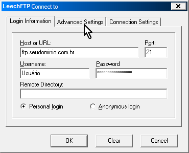 Configurando o acesso FTP no LeechFTP - Passo 4