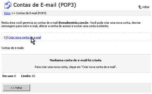 Instruções para criar novas contas de e-mail no Painel de Controle - Passo 2