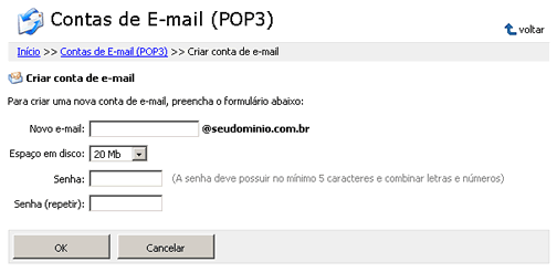 Instruções para criar novas contas de e-mail no Painel de Controle - Passo 3