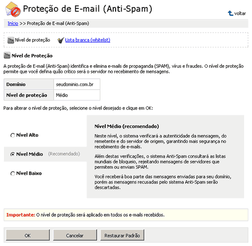 Configure diferentes níveis de anti-spam - Passo 2