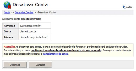 Desativar uma conta no painel de controle - Passo 3